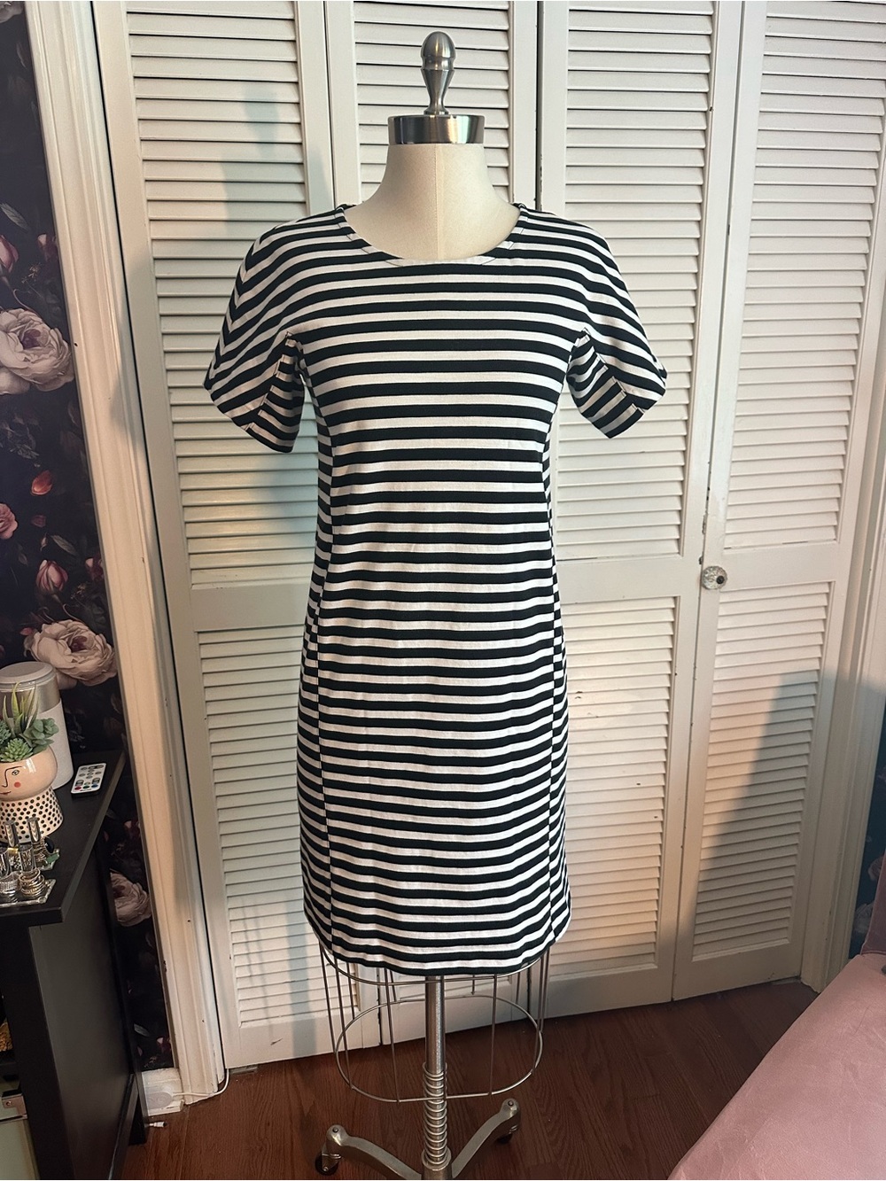 J. Crew Black and White Striped Midi Shift Dress